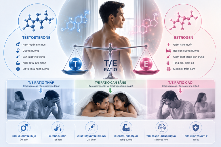 Tỷ lệ Testosterone/Estrogen ảnh hưởng sinh lý nam thế nào?
