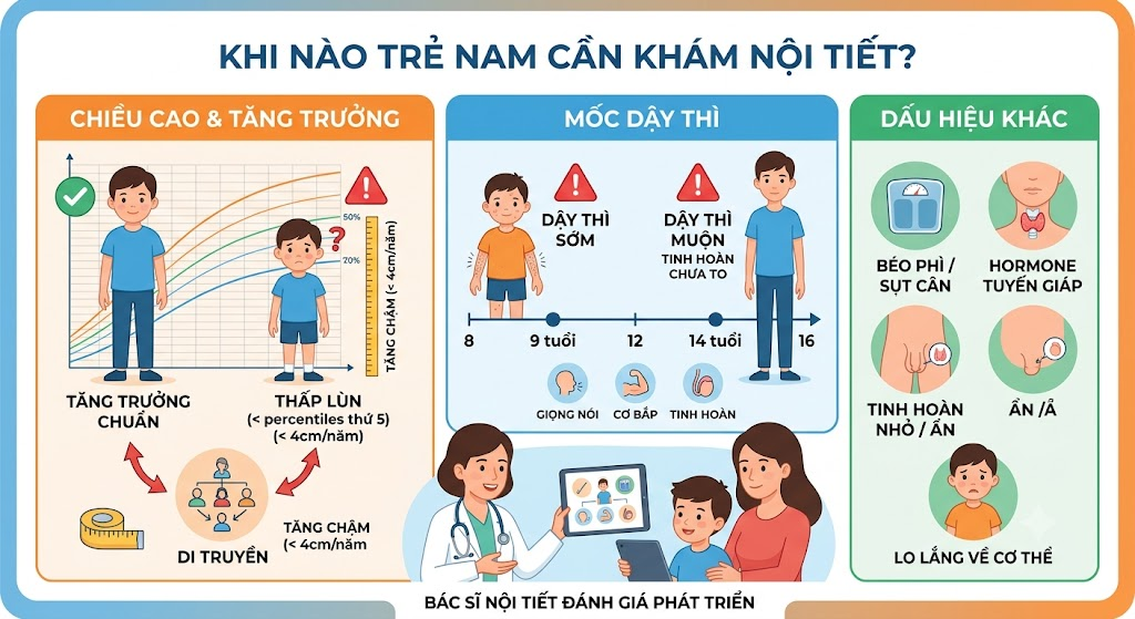 Khi nào trẻ nam cần được bác sĩ nội tiết đánh giá phát triển?